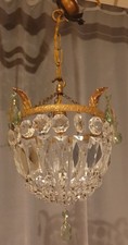 Beautiful Antique Vintage Brass Crystal Basket Bag Chandelier Circa 1960s