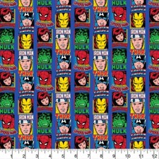 100% Cotton Fabric Marvel Stamps Superheroes Heroes Iron Man Thor Hulk