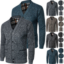 Mens Fleece Lined Thermal Knitted Button Up Cardigan Warm V Neck Sweater Jumper