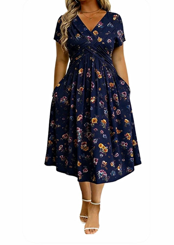 Women blue floral wrap - floral, dress