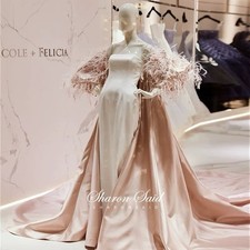 Ostrich feather decorated evening dress red Carpet Gala Wedding white pink