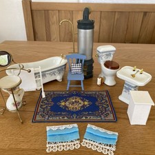 Dolls House Bathroom 1/12th White & Blue Sink Loo Jug Rug Chair Shower Blinds