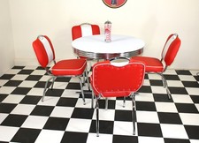 American 50s Diner Furniture Round Retro Style Table and 4 Red Studded Chairs
