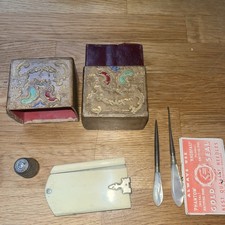 Antique Gilt Decorated Leather Lady's Companion Sewing Case Etui Needle Box
