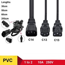 30cm to 200cm IEC Mains Splitter Cable C14 Plug to 2 x C13 Socket Y Lead - Black