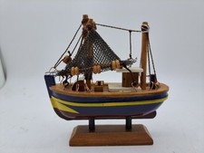Vintage Wooden 9cm  Fishing Boat Model Ornament Handmade Nautical Maritime