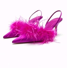 Brand New Zara High Heel Fabric Shoes With Feather Detail. Fuschia Pink. Size 7
