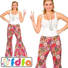 Wicked Costumes 60s Flower Power Hippy Flares Ladies Fancy Dress Trousers