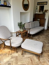 Ercol (334) Three Seater Sofa, Armchair and Footstool (Dark finish), Midcentury