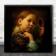Little Girl Holding Mirror Necklace Old Fashioned Clothes Vintage Wall Art Print