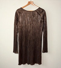 EX NEW LOOK BRONZE PLISSE LONG SLEEVE SELF TIE V-BACK MINI PARTY DRESS SIZE 6-18