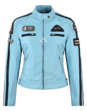 SIZMA Ladies Real Leather Jacket Light Blue Retro Motorcycle Racer Style Jacket