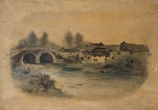 Antique Oil Painting Signed MONOD (1867-1957) Landscape, Bridge, Village