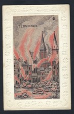 WW1 Woven Silk -  Cathedrals in Flames- Termonde.     Postcard