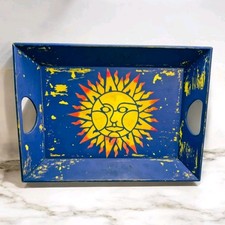 Vintage 1980's Shabby Distressed Wooden Painted Celestial Sun Tray with Handles