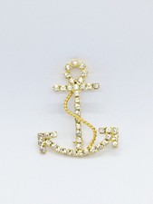 Gold Tone Anchor Brooch with Rhinestone Accents