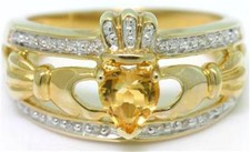 Natural Claddagh Citrine & 20 Diamond 9K 9CT 375 Solid Gold Celtic Irish Ring