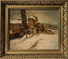 Oil Painting Anonymous Winter Landscape With Hunters And Dogs 35,5 X 41,5 CM