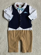 Ted Baker Baby Boy Navy Waistcoat Tan Trousers All In One Suit Wedding 3-6 Month