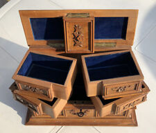 Antique TABLE TOP SEWING CABINET Carved Satinwood has lift up lid & inner draws