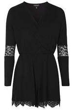 Topshop Brand New Black Lace Insert Wrap Jersey Long Sleeve Playsuit Size 4 - 6 