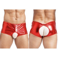 UK Men's Hot Pants PVC Faux Leather Short Pants Stretch Crotchless Boxer Shorts