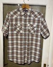 OLD NAVY S/S ROCKABILLY/WESTERN SHIRT SIZE(M)WHITE,BLUE AND ORANGE CHECK,con’t.⏩