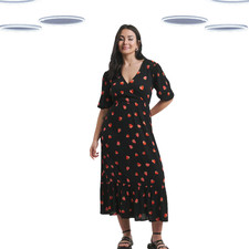 Ex Simply Be Womens Short Sleeve Fruit Print Crinkle Wrap Midi Dress in Black