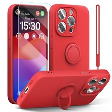 Case for iPhone 15 Pro with Screen Protector Ring Holder Stand Wrist Strap Red