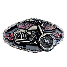 Motorbike Belt Buckle Biker Petrol Head Black Red Enamel Flame Chain Motorcycle