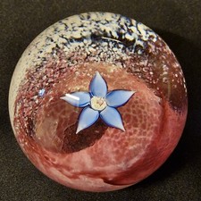 Caithness Glass 'Fleur' Miniature Paperweight Pink And White Ground ,blue Flower
