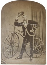RARE ALBUMEN PHOTOGRAPH MAN WITH VELOCIPEDE BONESHAKER COSTUME ANTIQUE VICTORIAN