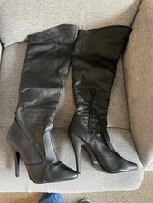 PLEASER Black Leather Over Knee Boots 4.5 Inch Stiletto, Half Zipper UK 3