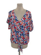 M&S Women's Cropped Blouse Size 16 Blue Mix Knotted Fruit Theme Button Used F1
