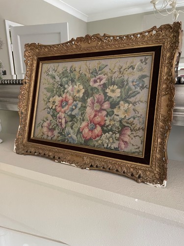 Antique framed floral tapestry - antique,