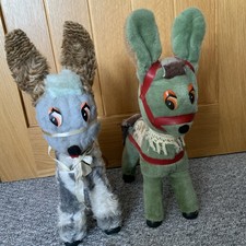 2 x Vintage 1960’s Toy Donkeys Freestanding Plastic Covered in Plush 17” Tall