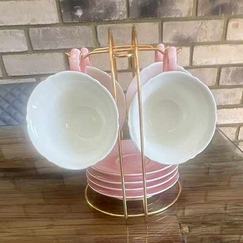 Pink ceramic tea cup - pink, saucer