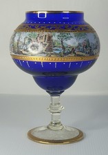 Vintage Bohemian Czech Cobalt Blue Glass Footed Vase - Enamel, Gilt, Rural Scene