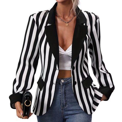 Women striped blazer notch - striped,