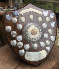 Vintage 1950's Cambridge C.S bowls club shield trophy 1958-1991 oak silver plate