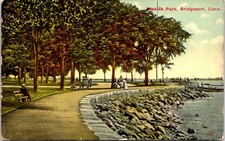 Postcard Seaside Park Benches Walkway Bridgeport Connecticut B156