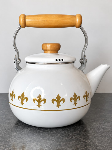 White enamel kettle gold fleur - enamel,