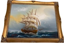 Ship On Sea Nautical Oil Painting Framed Gold Gilt Signed Small 18x14 Inch