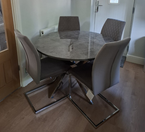 Round grey glass dining table - glass,