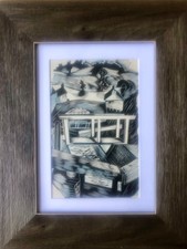 John O’Connor framed wood engraving 1950 Lock-house at Foxton, 