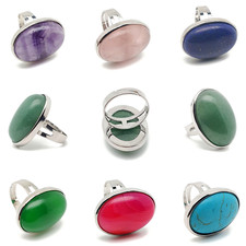 Gemstone Ring Large Oval Crystal Chakra Boho Cocktail Adjustable Silver Plated