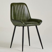 Leather Dinning Chair Industrial Green Upholstered Seat Black Metal Frame