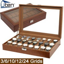 3-24 Grids Brown Leather Watch Display Case Collection Storage Holder Box Gifts
