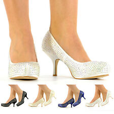 Ladies Court Shoes Slip On Diamante Wedding Prom Evening Mid Heels - Studded