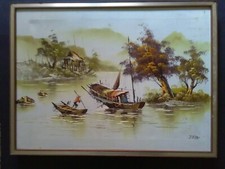 Vintage Vietnamese Oil Painting, Fishermen, Junks, Hanoi, 1977, Oriental Art